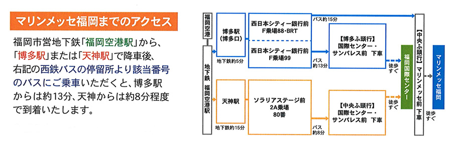 【マリンメッセ福岡までのアクセス】福岡市営地下鉄「福岡空港駅」から、「博多駅」下車の場合バス約13分、「天神駅」下車の場合バス約8分